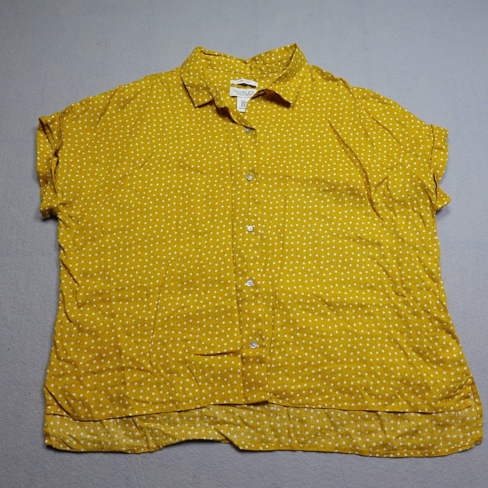 Rachel Zoe Button-Up Womens M Yellow Polka Dot Linen Short Sleeve Casual